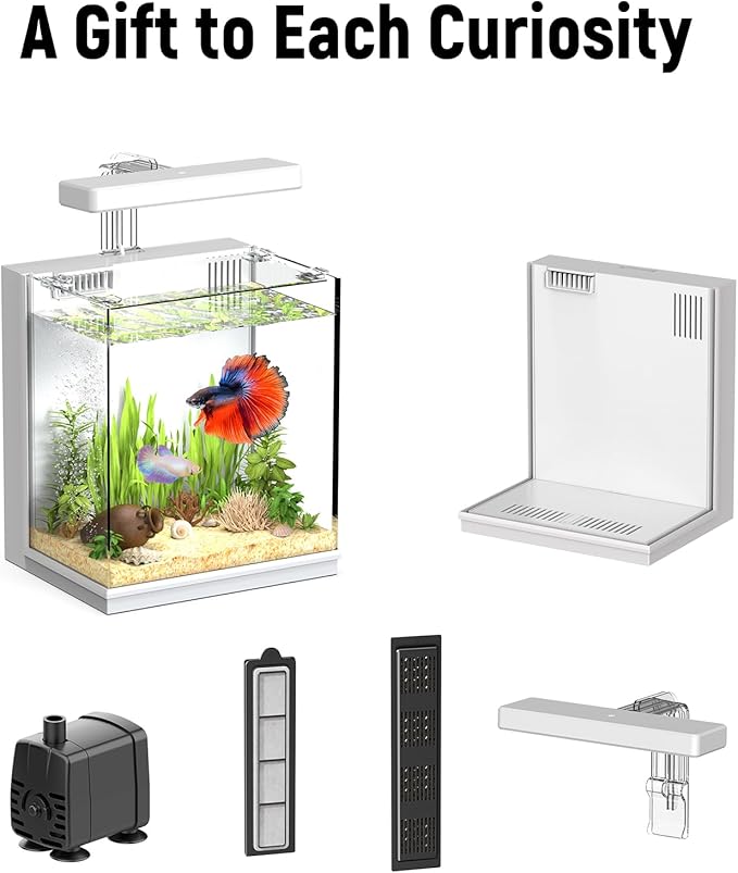 AQUASMITH 2-Gallon All-in-One Fish Tank – Silent Pump, 3-Stage Filtration & Easy Water Change, Perfect Self-Care Betta Aquarium Kit for Kids & Beginners (White