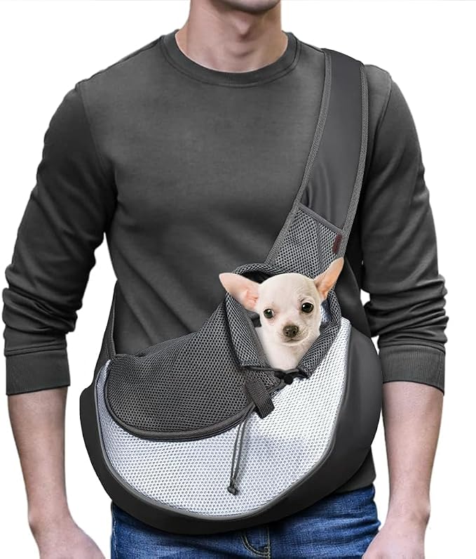 YUDODO Pet Sling Carrier for 5-9 lbs Small Dogs Cat Puppy Crossbody Carrier | Hands-Free, Safety Hook, Large Zipper Pocket, Soft Breathable Mesh, Adjustable Strap, Reflective Strip, Grey, M