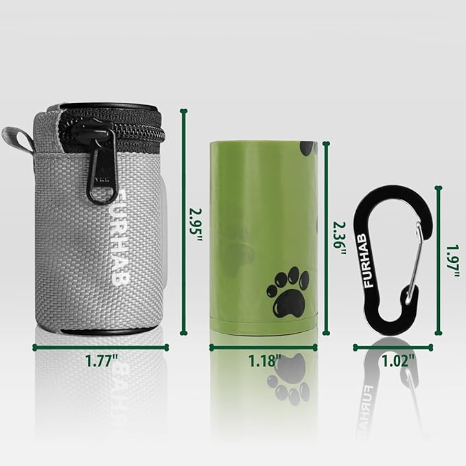 FURHAB Glow Dog Poop Bag Holder for Leash Doggie Waste Bag Dispenser Puppy Potty Carrier Small Doggy Zipper Pouch with Carabiner Clip 1680D Nylon Oxford with 1 Roll of Pet Trash Bags, Silver