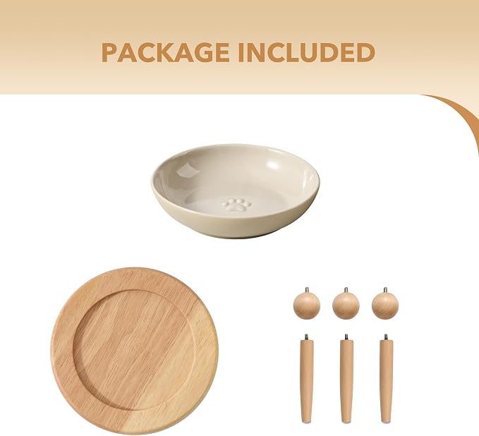 Havniva Elevated Cat Bowls, Cat Food and Water Bowl Set, Ceramic Cat Bowl | Raised Cat Food Bowls, Whisker Friendly, 5.6” Shallow Cat Dishes, Wide Cat Plates, Non-Slip Wood Stand, Two Heights