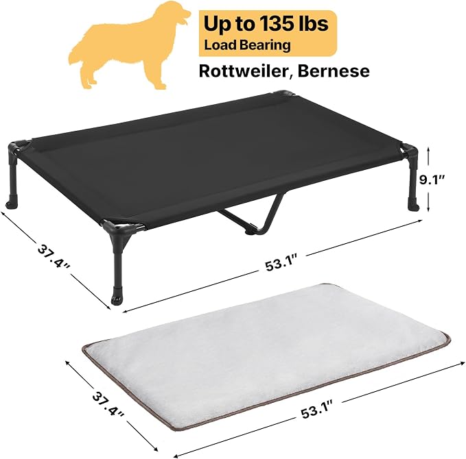 Veehoo Outdoor Elevated Dog Bed with Washable & Waterproof Cushion, Cooling | Large Raised Dog Cot with Removable Cover, Brethable Mesh, Orthopedic Pet Bed for Indoor & Outdoor, 53" x 37", Dark Grey