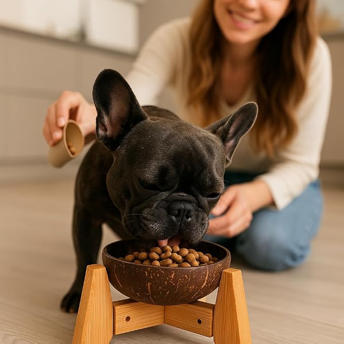 Dog Bowl with Holder for Small Dog | All-Natural Coconut Shell | Raised, Elevated, Eco-Friendly Coco Bowl with Wood Stand | Water-Proof, Water Wet & Dry Food Suitable - 20-oz