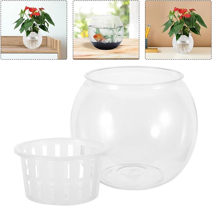Plastic Betta Bowl Round Terrarium Bowl, Small Desk Fish Tank with Hydroponic Basket, Plastic Aquarium for Indoor Desktop Landscape and Aquatic Pets