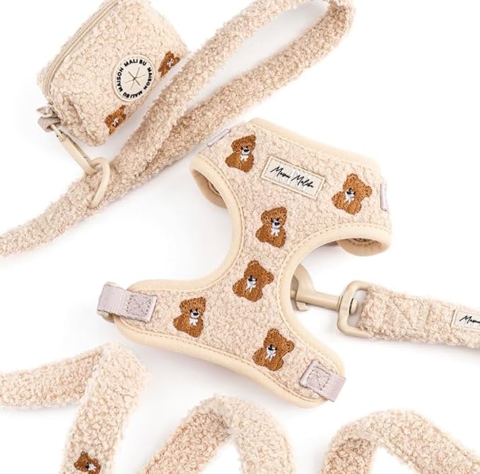 Embroidered Matching Dog Harness and Leash Set with Poop Bag – No Pull, Adjustable, Padded, Breathable Harness for Puppies, Extra Small Dogs, Small Dogs, and Medium Dogs (Medium)