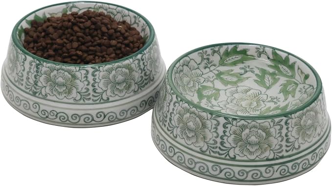 Aimusego Ceramic Cute Dog Cat Bowl for Small Breeds, Handpainted Green & White Heavyweight Durable Pet Food and Water Dish Crock, Dishwasher Safe- 1.5 Cups