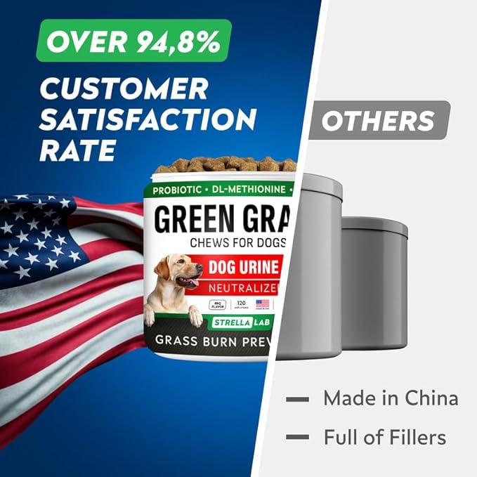 STRELLALAB Dog Pee Grass Chews - Urine Neutralizer for Green Grass Burn Spots - Grass Treatment for Pet Urine - Green Lawn Chews for Dogs with Probiotics - Made in USA (120Ct)