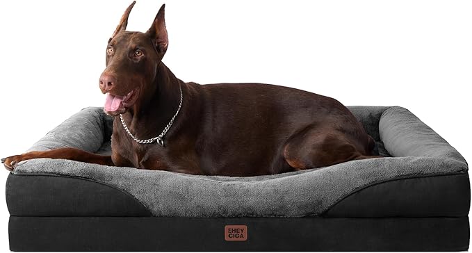 EHEYCIGA Orthopedic Dog Bed for Large Sized Dog, 45x35 Inch Large Memory Foam Dog Couch Bed with Sides, Waterproof Liner & Washable Removable Cover, Bolster Pet Sofa, Grey/Black