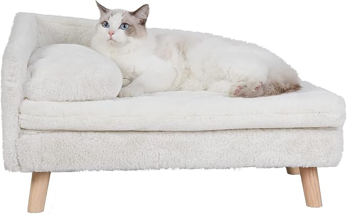Elevated Cat Couch Sofa: Wooden Cat Bed Dog Chair with Bolster Cushion for Small Dogs Cute Pet Chaise Soft Cushion Fluffy Washable for Puppy