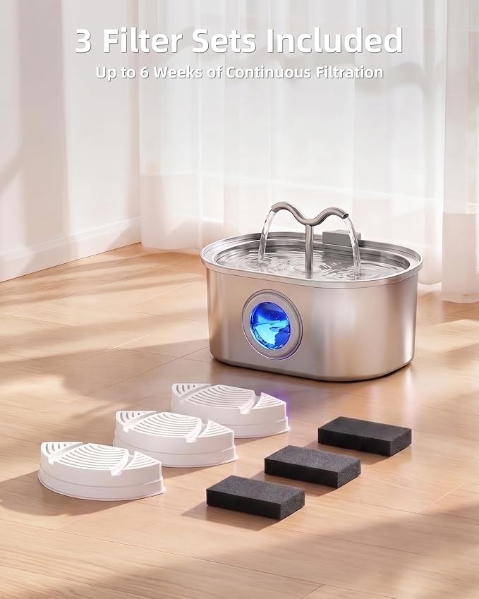 3.2L/108oz Stainless Steel Cat Water Fountain Pet Fountain | Automatic Pet Water Dispenser - Self-Designed Filtration System - Ultra-Quiet Pump - Easy Cleaning & Maintenance (3 Filters)