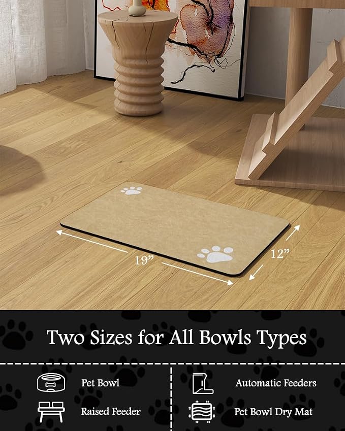 Pet Feeding Mat-Absorbent Dog Mat for Food and Water Bowl-No Stains Quick Dry Water Dispenser Mat-Dog Accessories Pet Supplies-Bowl for Messy Drinkers(Beige,12"x19"