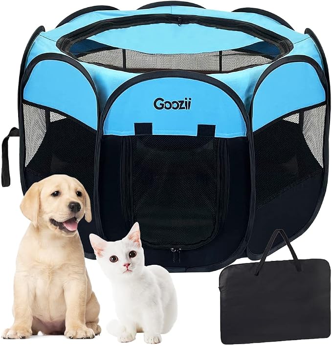 GOOZII Dog Playpen Portable Collapsible, Indoor Outdoor Pet Puppy Exercise Playpens Case with Zipper Door Top Cover Floor for Large Cat Rabbit Travel Camping (Small Size, Black/Blue)