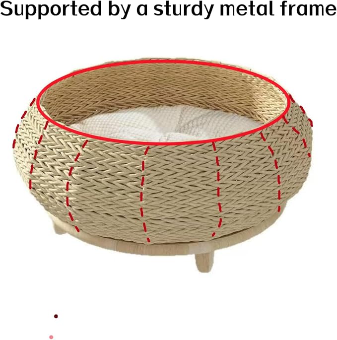 SHENGOCASE Extra Large Handwoven Paper Rope Wicker Rattan Pet Cat Dog Nest Basket Bed, Elevated Couch with Wooden Base, Cozy Cushion for Maine Coon, Indoor