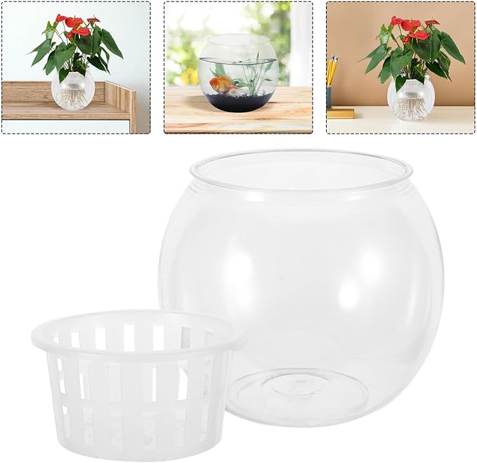 HEMOTON Betta Aquarium Fish Plant Bowl Plastic Fish Terrarium Bowl with Hydroponic Basket Medium 110c for Living Room Desktop Office Decoration