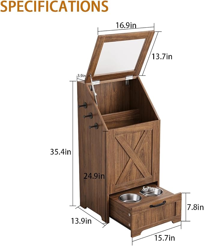 Dog Feeding Station with Storage Cabinet and 2 Elevated Dog Bowls, Hidden Pet Food Storage Organizer for Dog &Cat, Modern Dogs Furniture, Walnut