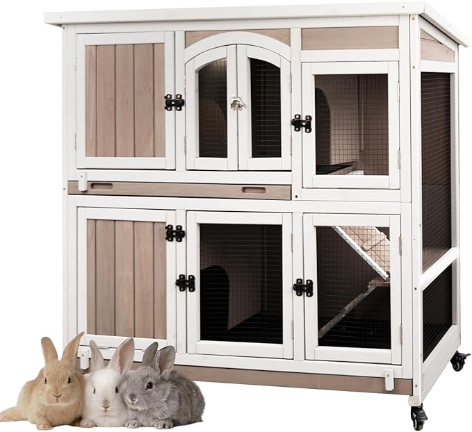 Rabbit Hutch Indoor and Outdoor 2-Story Rabbit Cage with Pull Out Tray,Fir Wood Pet House with Wooden Ramp,Waterproof Bunny Cage Indoor with 2 Asphalt Roofs,Grey (19.7" L x 42.7" W x 47.2" H-P33)