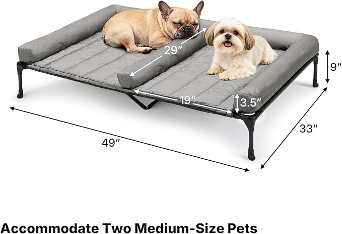 Veehoo Elevated Dog Bed for 2 Dogs, Cooling Raised Dog Bed with Bolster Mat | Outdoor Double Dog Bed with Removable Waterproof Cushion, Breathable Mesh, Non-Slip Feet for Outdoor & Indoor, 49", Grey