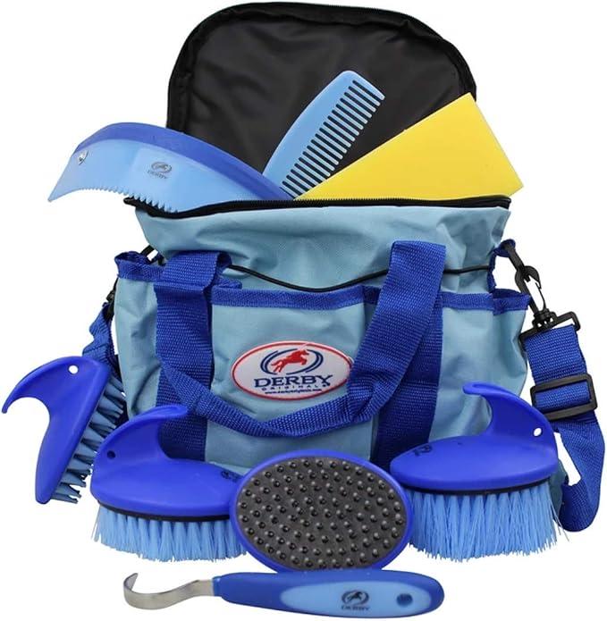 Derby Originals 9Piece Horse Grooming Set with Matching Nylon Carry Bag - Available in 8 Fun Colors, Light Blue & Royal Blue, Model Number: 91-7035-BLU