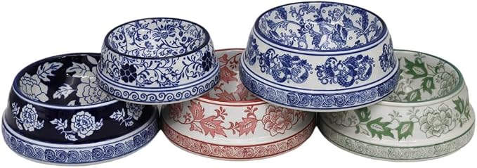 Aimusego Vintage Blue Ceramic Dog Bowls, Dog Food Feeding Dish for Medium Dogs Cats, Heavy Chinoiserie Porcelain Pet Bowl for Water,Durable & Easy to Clean-9inch