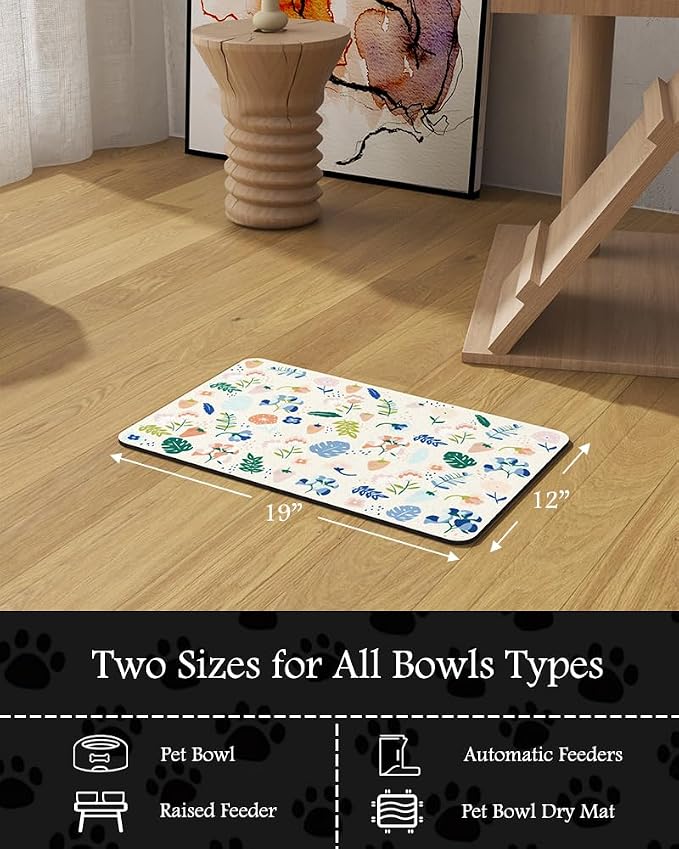 Pet Feeding Mat-Absorbent Dog Mat for Food and Water Bowl-No Stains Quick Dry Water Dispenser Mat-Dog Accessories Pet Supplies-Bowl for Messy Drinkers(LIGHTFLOWERS,12"x19"