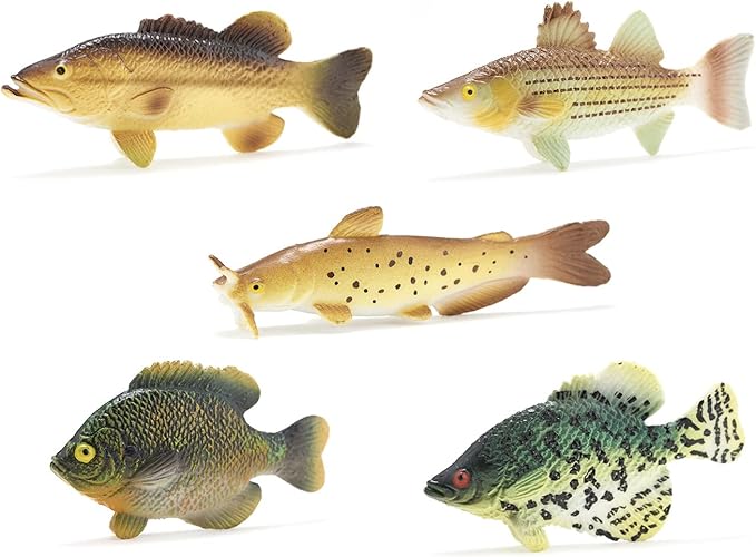 Toy Fish Factory American Angler Collection Toy Fish Set, Toy Fish Figurines, Largemouth Bass Catfish Bluegill Crappie Striper, Educational Toy, Fish Cake Topper, 3” Long