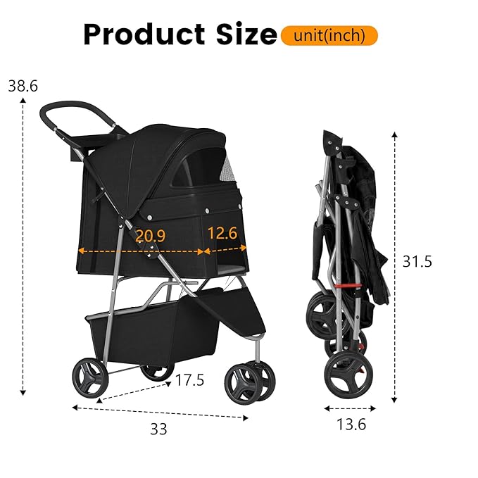 BestPet | 3-Wheel Pet Stroller | Dog and Cat Stroller | Breathable Mesh | Lightweight Travel Carrier | Waterproof & Foldable Design | Storage Basket | Black | for Daily Walks & Outdoor Use | Breathable Mesh | Lightweight, Waterproof Travel Carrier with...