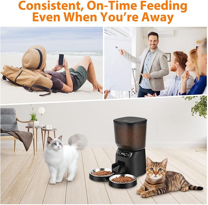 Automatic Cat Feeders for Two Cats, 5L/20 Cups Double Automatic Cat Food Dispenser with 2 Stainless Bowls, Timer Setting 20 Portions 6 Meals Per Day, 10s Meal Call (Black)
