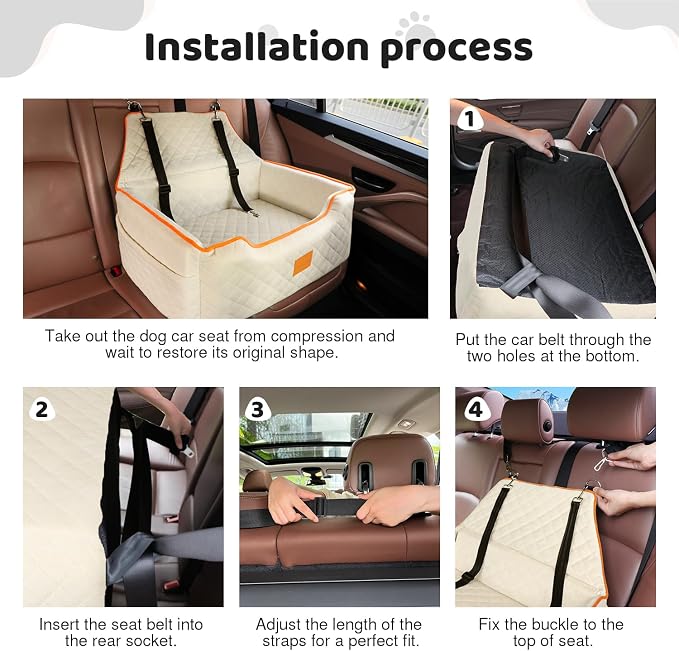 XIEEAOZEE Dog Car Seat for Large/Medium Pet Under 55Lbs or 2 Small Dogs | Detachable and Washable Booster Dog Seat Travel Pet Seat with Thick Cushion & Storage Pockets (Beige)