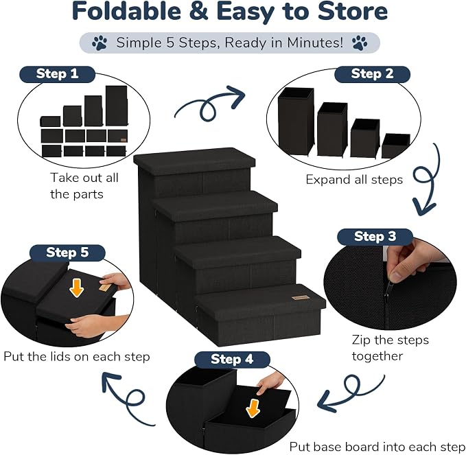4-Step Wide Dog Stairs with Storage 23" H, Non-Slip Sturdy Pet Steps for High Bed Couch Window, Pet Stairs for Small/Medium/Large Old Dogs Cats Up to 220lbs, Cat Dog Steps for Car/SUV, Black