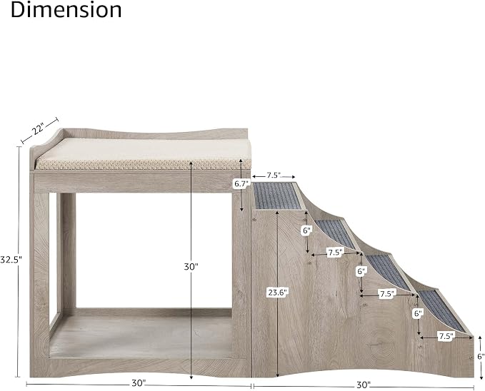 unipaws Large Pet Bunk Bed with Removable Step for Dogs and Cats | Multi-Level Bed Window Perch Seat Platform with Cushion, Indoor Use, Grey