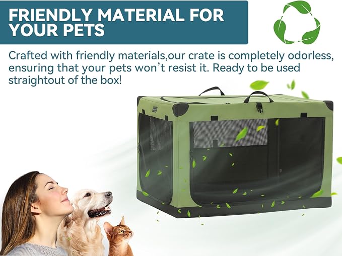PETSFIT 26" Soft Portable Dog Crate – Patented Spiral Sturdy Frame, Collapsible Travel Kennel for Small Dogs, 3 Mesh Door, Lockable Zippers, Indoor & Car Use Green