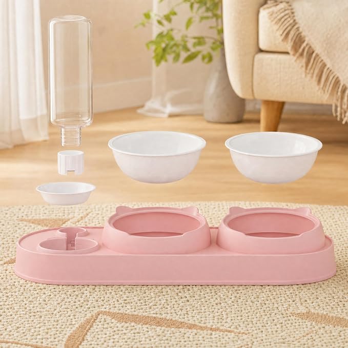 SlowVibes Bling Pink Cat Food and Water Bowl Set, Automatic Water Dispenser | 15-degree tilted double bowls with 17 oz automatic water dispenser for indoor cats, kittens, small medium dogs,Rhinestone