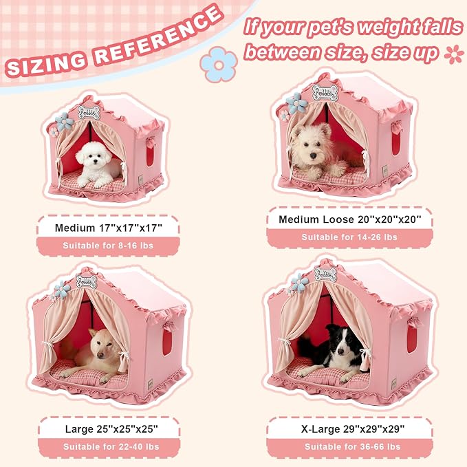 Indoor Dog House with Frame,Cute Dog Tent Bed with Cover Cave,Pink | Breathable,Washable,and Foldable House, Suitable for 8-16 Lb Puppy and Cats, Medium (17"×17"×17"),Inside Dog House