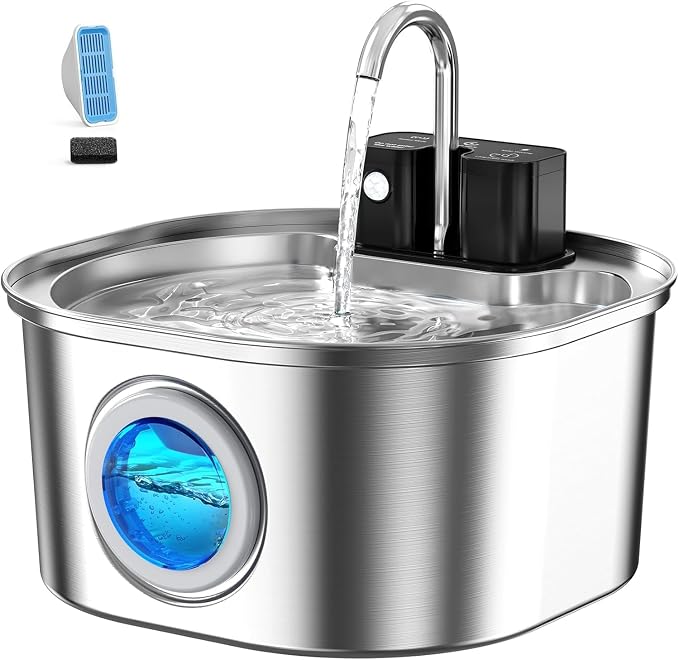 Voluas Stainless Steel Cat Water Fountain, Wireless, 108oz/3.2L, 1 Filter | Cordless Design, Ultra-Quiet Pump, Easy to Clean, BPA-Free