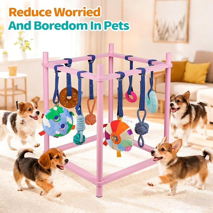 Wooden Puppy Play Gym for Small Dog with 8 Hanging Toys, Pink Frame | Wood Puppy Jungle Gym Indoor & Dog Enrichment Toys for Puppies 0-6 Months