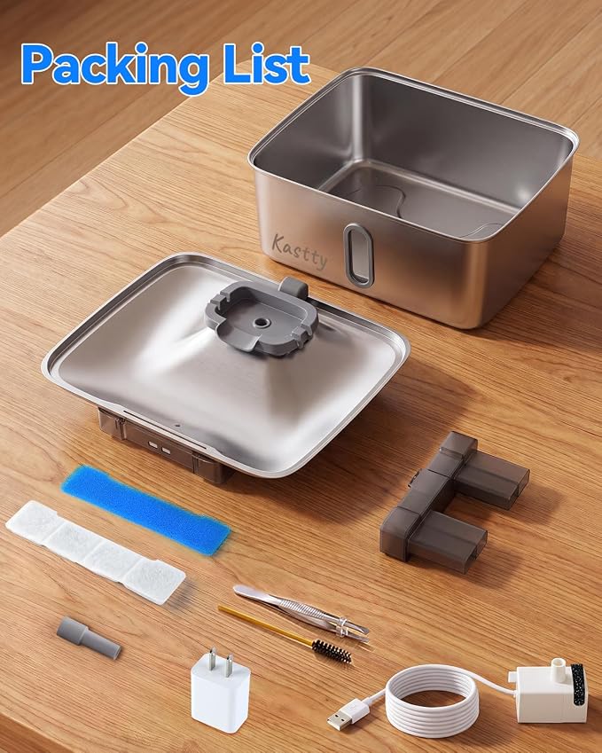 Kastty 4Gal/15L Stainless Steel Dog Water Fountain for Large Multi-Pet | Large Capacity Pet Water Fountain with Water Level LED Light, Ultra Quiet Dog Water Bowl Dispenser, Easy to Clean (FS78,Grey)