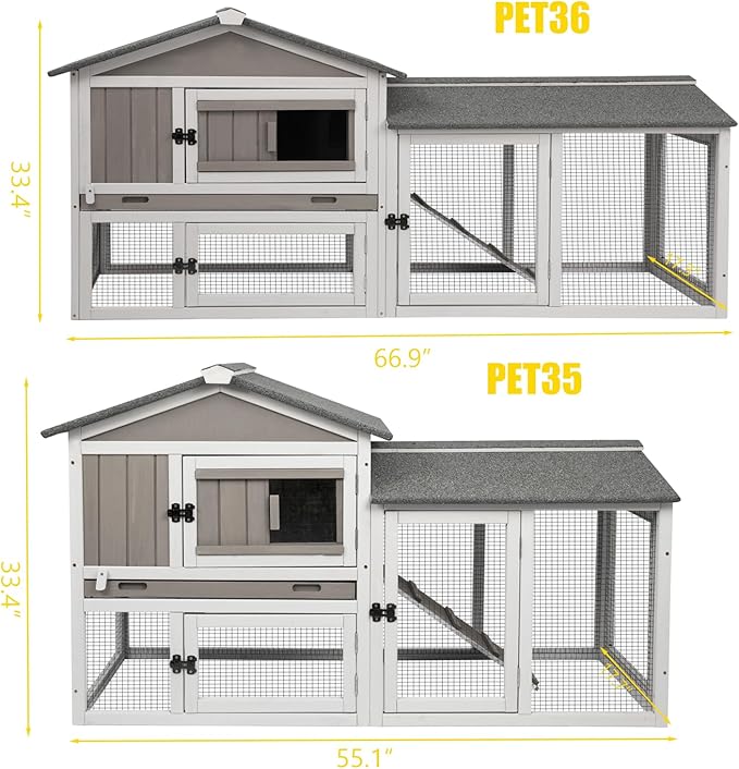 PetsCosset 114" L Rabbit Hutch Indoor and Outdoor 2-Story Rabbit Cage with Pull Out Tray,Fir Wood Guinea Pig Cages with Wooden Ramp,Waterproof Bunny Cage Indoor Bunny Hutch with 2 Asphalt Roofs,Grey