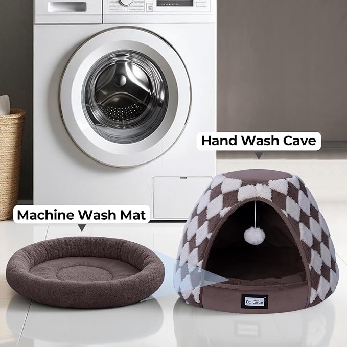 BALANCE Cat Beds for Indoor Cats, 2-in-1 Cat Bed Cave with Anti-Slip Bottom and Ultra-Soft Plush, Cozy Cats House Tent for Kittens and Small Dogs, 19 Inches, Dark Brown