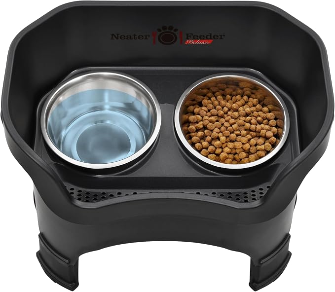 Neater Feeder Deluxe Mess-Proof Elevated Dog Bowls for Large Dogs (40+ lbs), 2 Height Adjustable (14.5” & 17.5”) No-Spill Raised Dog Bowl Stand, Stainless Steel Food Bowl Set, Made in USA, Black