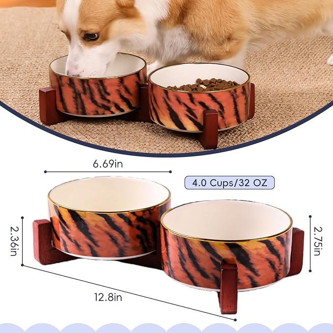 Dog Bowl Set with Wood Stand, Non-Slip Anti-Tip Elevated Design, Double Ceramic Animal Food Water Cat Bowls, Suitable for Large/Medium Sized Dog Pet Feeder Dish Station - 32 OZ, Tiger Stripe
