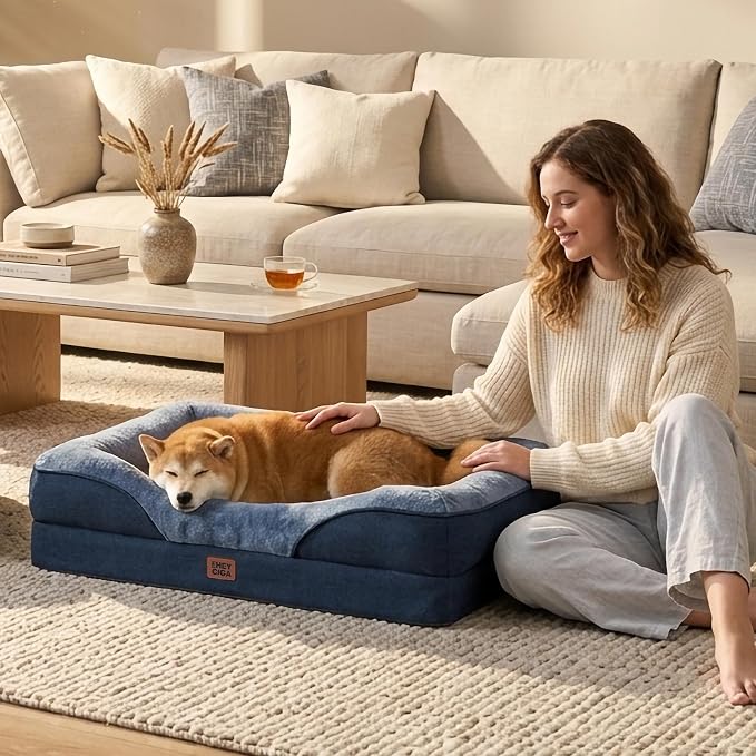 EHEYCIGA Orthopedic Dog Bed for Medium Dog, Memory Foam Dog Couch, Navy | 35x22 Inch Dog Sofa with Sides, Waterproof Liner & Washable Removable Cover, Bolster Pet Couch