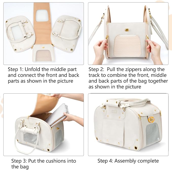 Dog Carrier Purse, Pet Carrier, Foldable Waterproof Premium Leather Pet Travel Portable Bag for Cat and Small Dog Home & Outdoor Small Beige