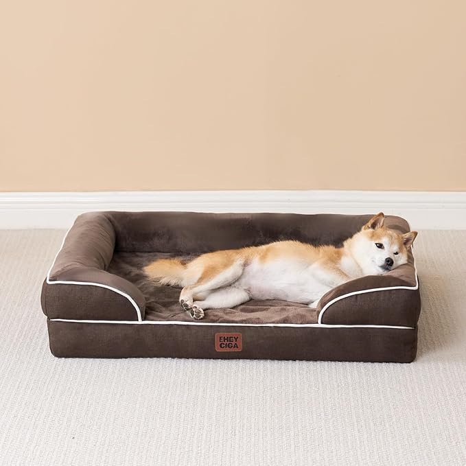 EHEYCIGA Orthopedic Dog Beds Large Sized Dog, Waterproof Washable Pet Bed | Non-Slip Bottom and Egg-Crate Memory Foam XL Dog Couch Bed with Washable Removable Cover, Brown, 41Inch