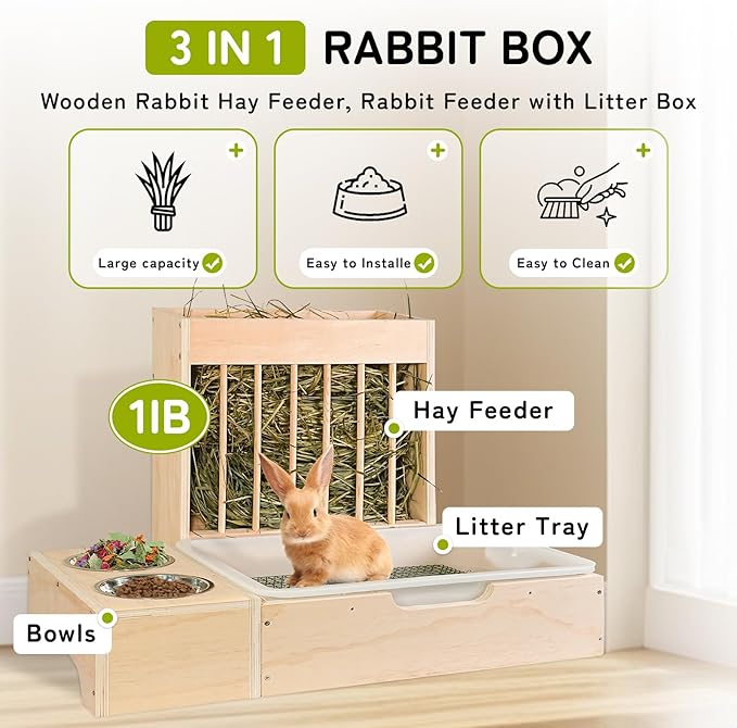 3 in 1 Extra Large Rabbit Hay Feeder with Litter Box, Wooden Bunny Toilet, for Large and Medium-Sized Dwarf Rabbit, Other Animals