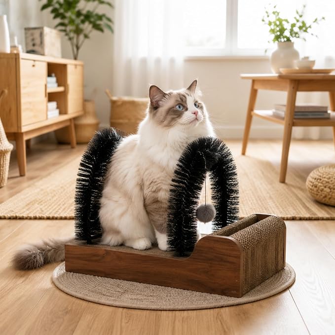 Sadnyy Cat Self Groomer with 2 Arch Grooming Brushes and Scratcher Pad, for Cat Back and Face Scratcher Massager with 2 Plush Balls, Pet Rubbing Post for Indoor Outdoor Kitten Small Dog