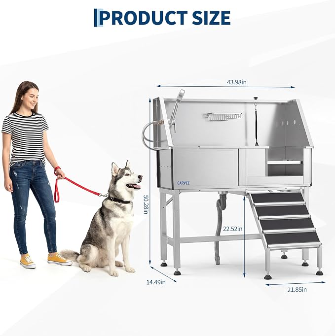 Garvee 46 Inch Stainless Steel Dog Washing Station with Walk-in Ramp, Heavy Duty Pet Grooming Bathtub, Brushed Finish, Right Door Options | 46" Brushed Stainless Steel Heavy Duty Dog Grooming Tub with Walk-in Ramp, Rustproof, for Large Dogs, Salon & Home