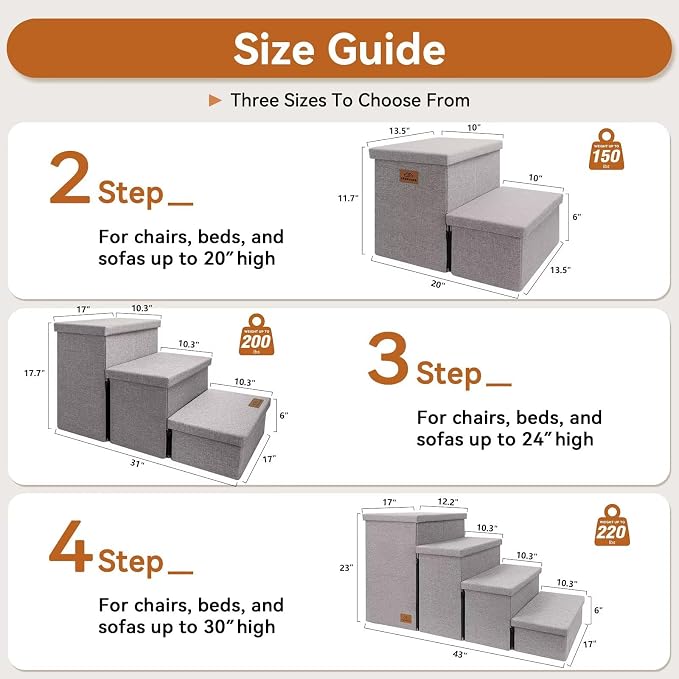Zerbuger Dog Stairs with Storage, Grey 2 Steps Dog Ramp no Condo for Bed | 12" H Wider Dog Steps for Beds Couch, Folding Storage Pet Stairs Gift for Climbing Small/Medium/Large Old Dogs Cats