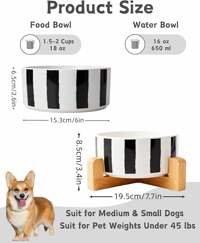 TRUVIC Ceramic Dog Bowl with Wood Stand, Black and White Striped Dog Food and Water Bowl, 2 Cup/14 oz Elevated Puppy Food Bowl for Medium Dogs, Dishwasher Safe, Modern Geometric, Striped