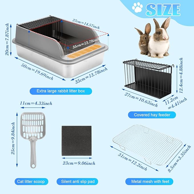 Stainless Steel Rabbit Litter Box w Hay Feeder and Litter Scoop, 19.7 x 13.8 x 7.9 Inch Large Litterboxes w Raised Grid, High Sided Kiter Box for Bunny, Guinea Pig, Ferret, Small Snimal, Hamster