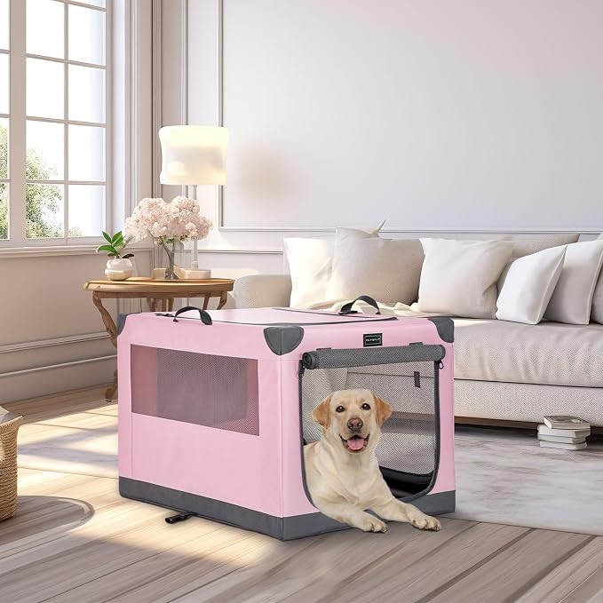 PETSFIT 36" Soft Portable Dog Crate – Patented Spiral Sturdy Frame, Collapsible Travel Kennel for Medium & Large Dogs, 3 Mesh Door, Lockable Zippers, Indoor & Car Use Pink