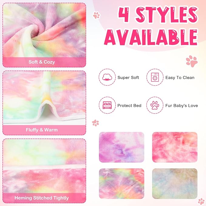 Tatuo 4 Pack Fleece Dog Blankets for Puppy Cats Multi-Size Sleep Mat for Pet Guinea Pig Soft Washable Crate Bed Puppy Teething Toys Print Pattern Warm Blanket Indoor(Pastel,24 x 16 Inch,Tie Dye)